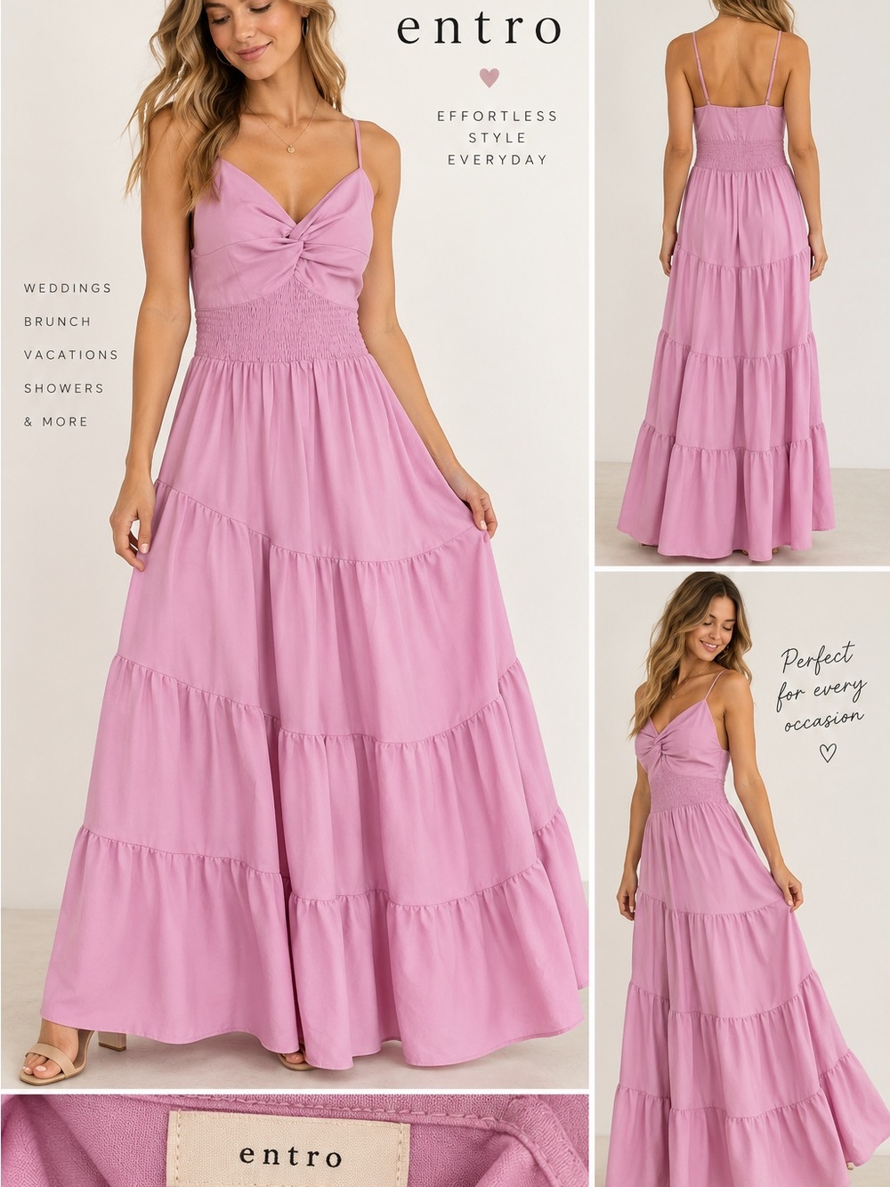 Entro Pink Smocked Waist Tiered Maxi Dress Spaghetti Strap Knot Front Boho L